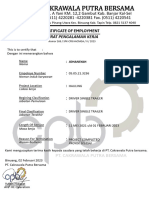 Pt. Cakrawala Putra Bersama: Certificate of Employment