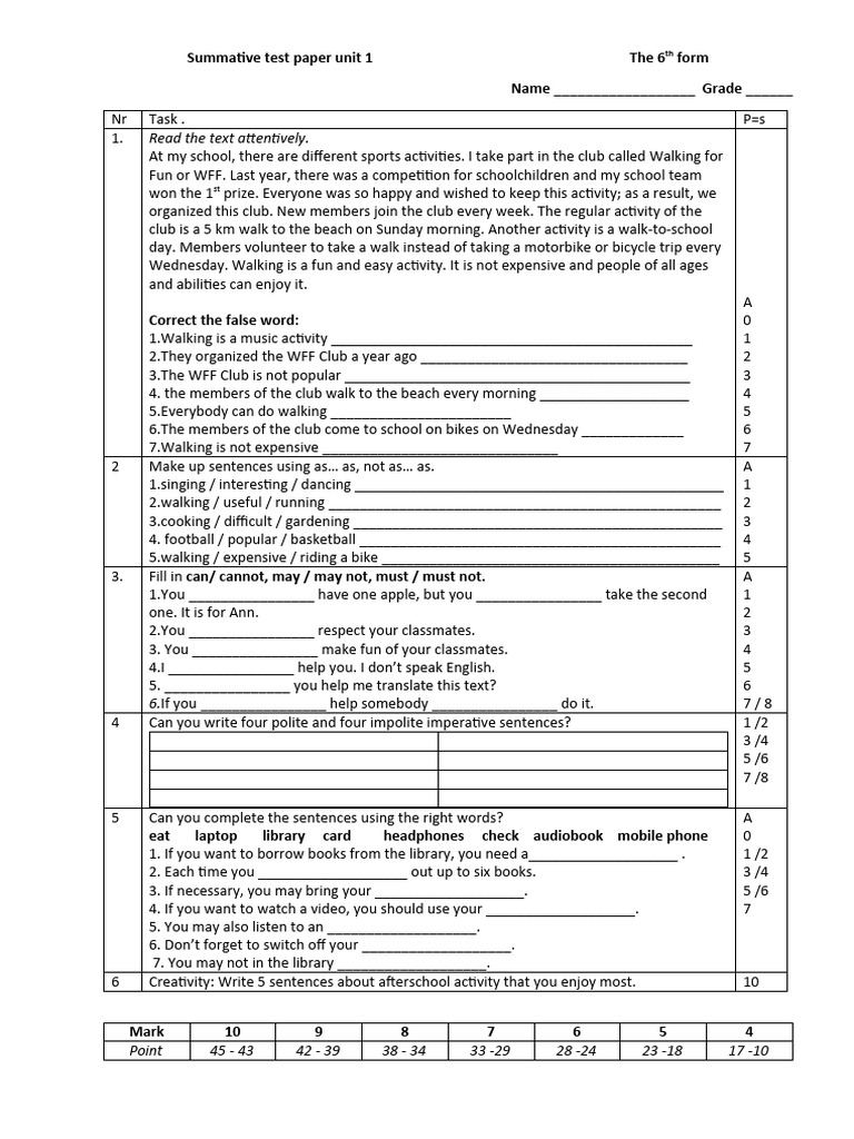 Summative Test Paper Unit 1 CL 6 | PDF | Language Arts & Discipline