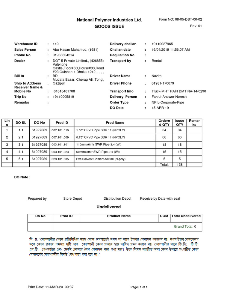 CHallan For PVC Item Download Free PDF Service Industries Organic Polymers