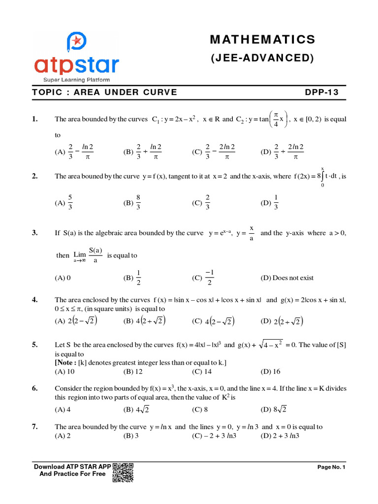 JEE Advanced: Area Under Curve | PDF | Area | Algebra