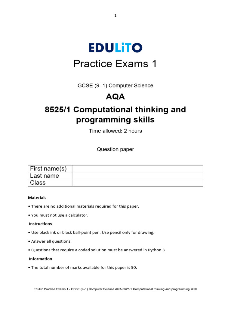 Edulito practice exams 1 aqa 8525 1 computational thinking