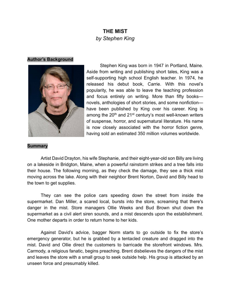 The Mist: A Stephen King Summary | PDF | Young Adult
