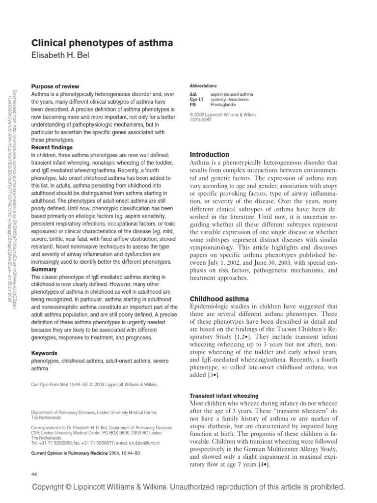Clinical Phenotypes Of Asthma 8 Pdf Asthma Allergy