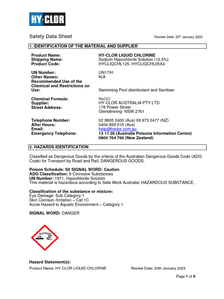Hyclor liquid chlorine 12 5l 5l sds pdf dangerous goods personal