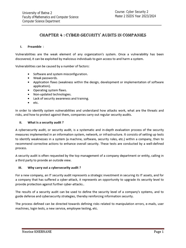 Cours4-Cybersecurity Audits in Companies en | PDF | Security | Computer ...