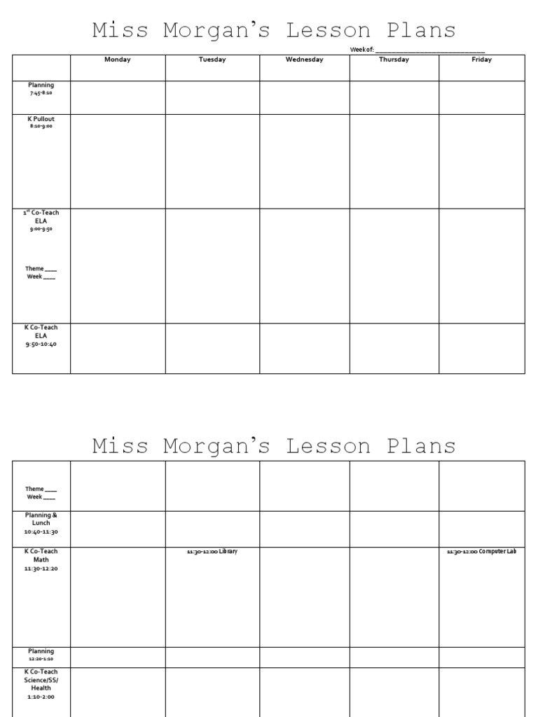Miss Morgan's Weekly Lesson Plans | PDF