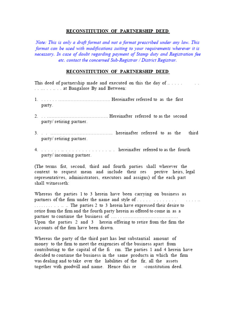 Partnership Deed Reconstitution Template | PDF | Loans | Personal Finance