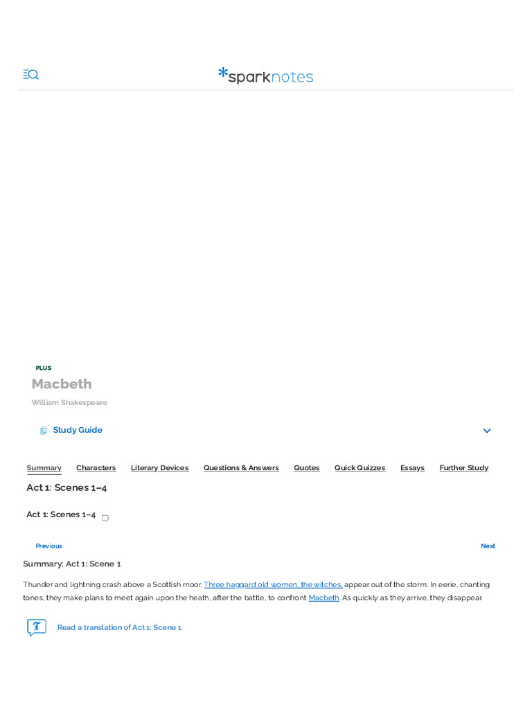 Macbeth Act 1 Scenes 1 4 Summary Analysis Pdf Macbeth