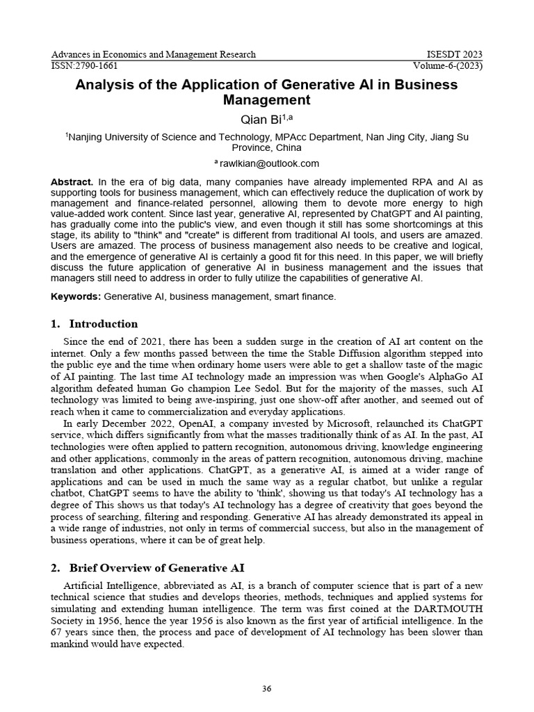 Analysis of The Application of Generative AI in Business - Qian Bi ...