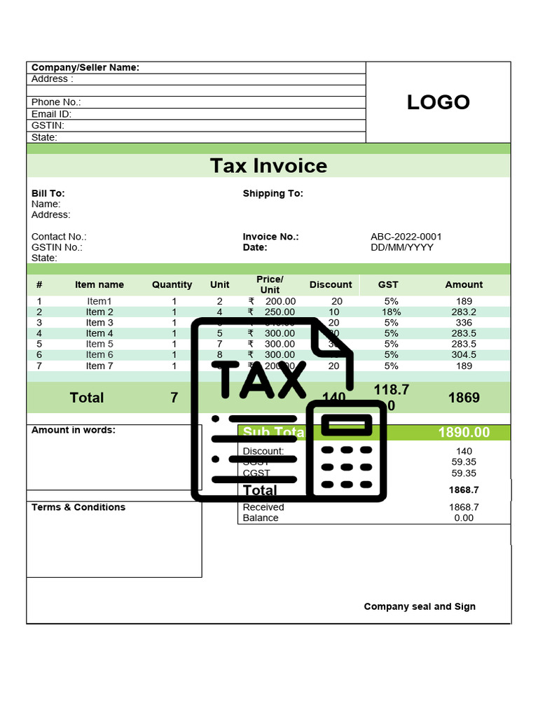 GST Tax Invoice Format Template | PDF