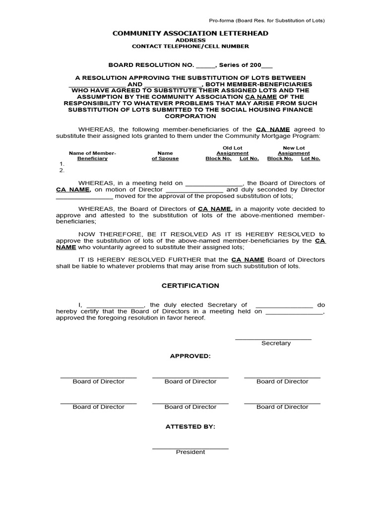 Sample Format For CA Board Resolution of Substitution of Lots | PDF ...
