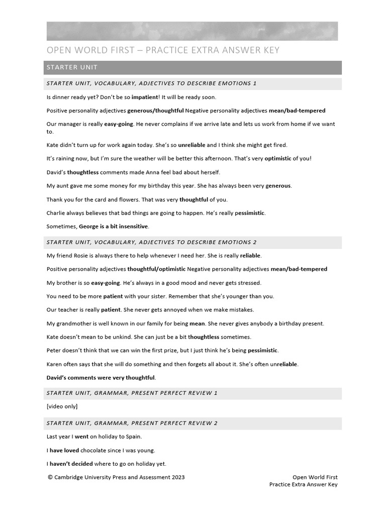 Open world first practice extra answer key pdf paintings