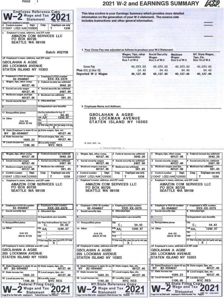 Amazon W-2 Summary for 2021 | PDF | Irs Tax Forms | Social Security ...