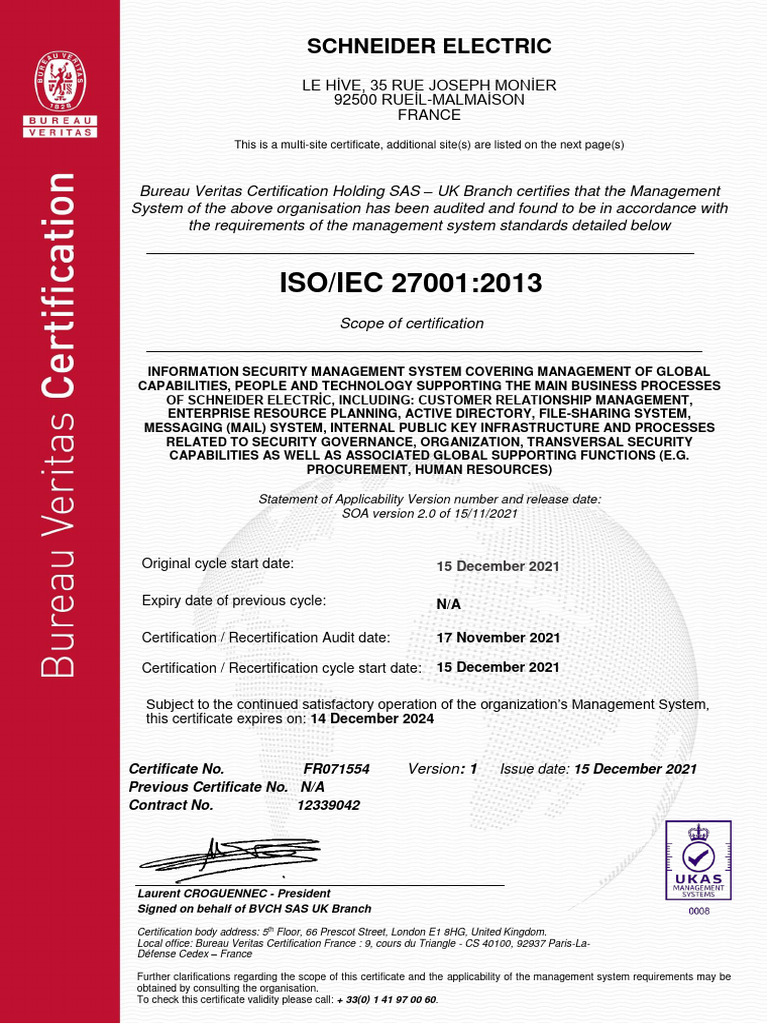 ISO27001 Certificate Schneider Electric PDF Business