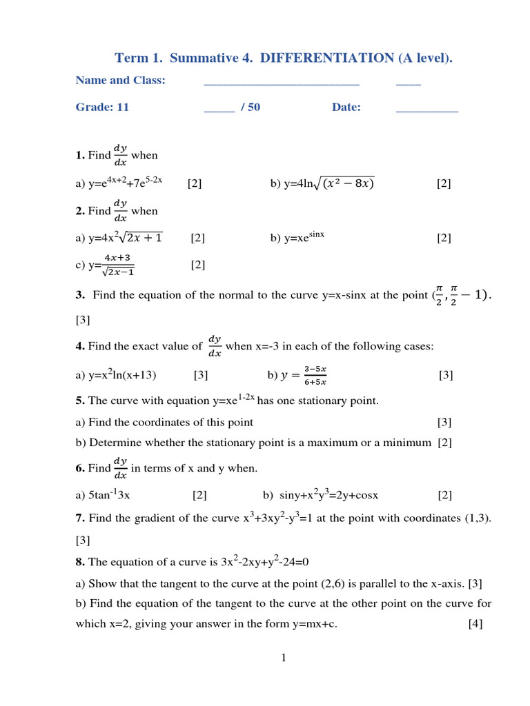 A Level Differentiation Practice Exam | PDF | Equations | Curve