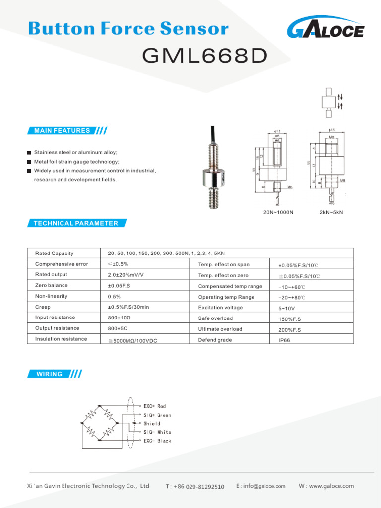 GML668D Button Force Sensor Specs | PDF | Technology & Engineering