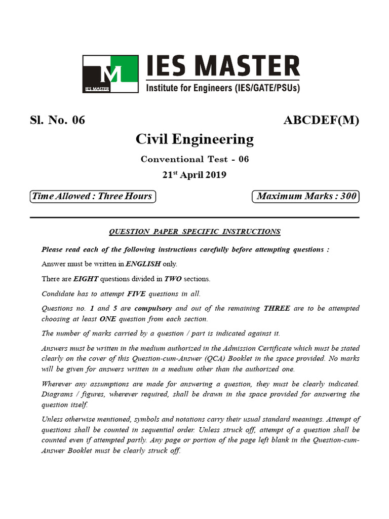 Civil Engineering Conventional Test Paper | PDF | Bending | Beam ...
