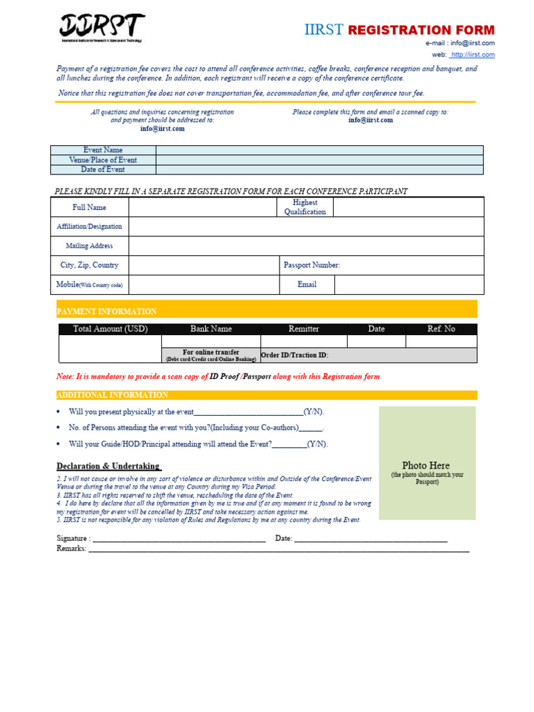 IIRST Conference Registration Form | PDF | Fee | Payments