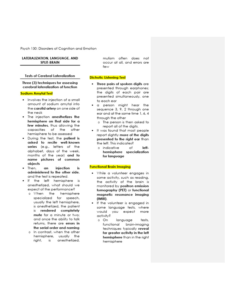 Psych 130 Lateralization Language And Split Brain Pdf