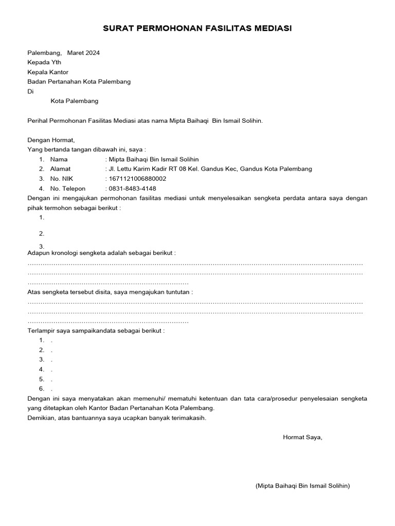 Surat Permohonan Fasilitas Mediasi | PDF