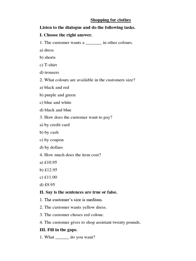 Clothes Shopping Dialogue Exercises | PDF | Business | Finance & Money ...
