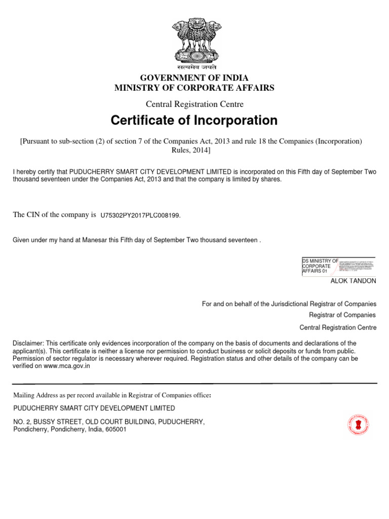 Certificate of incorporation of indian company pdf justice crime