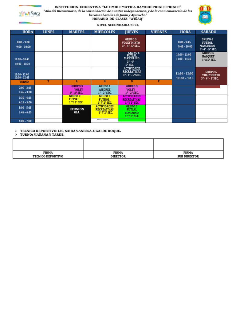 Horario Clases Secundaria 2024 I.E. Ramiro Priale | PDF