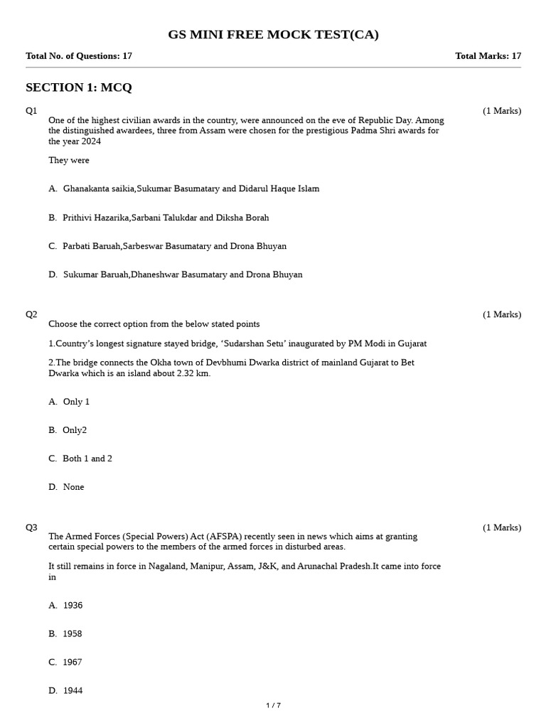 Gs mini free mock test ca section 1 mcq pdf