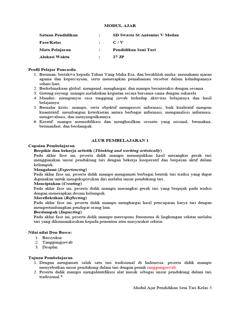 Modul Ajar Seni Tari Kelas 5 | PDF