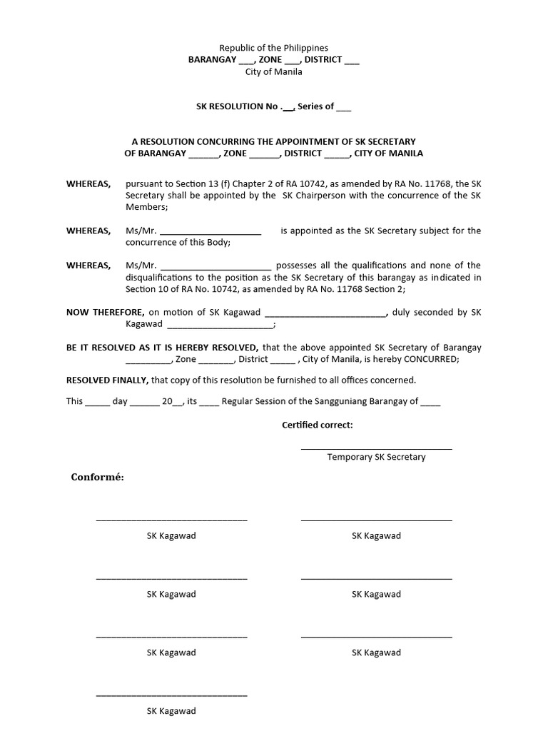 SK Appointment Resolution for Secretary & Treasurer | PDF | Government ...