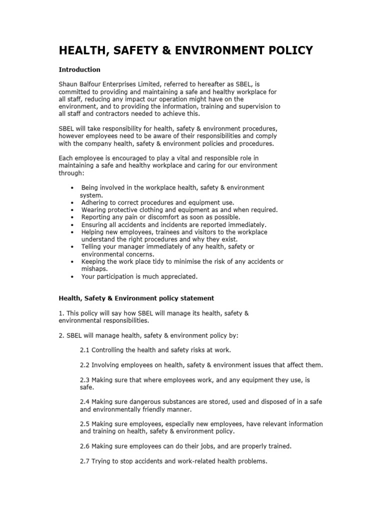 SBEL Health, Safety & Environment Policy | PDF | Occupational Safety ...