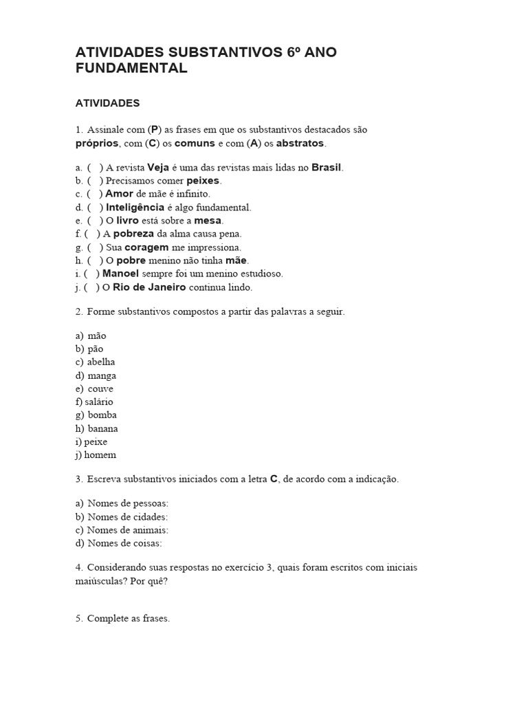 Atividades sobre Substantivos 6º Ano | PDF