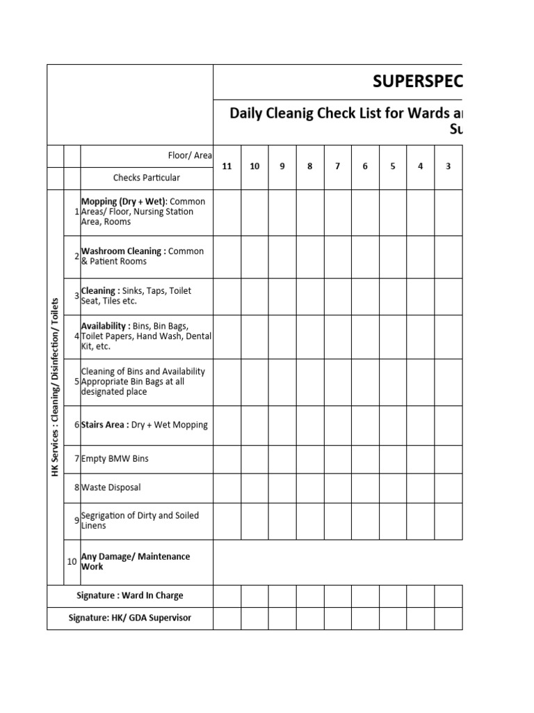 Daily Hospital Housekeeping Checklist | PDF | Housekeeping | Sanitation