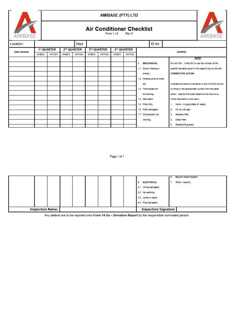 Form 1 1d air conditioner checklist pdf electrical engineering