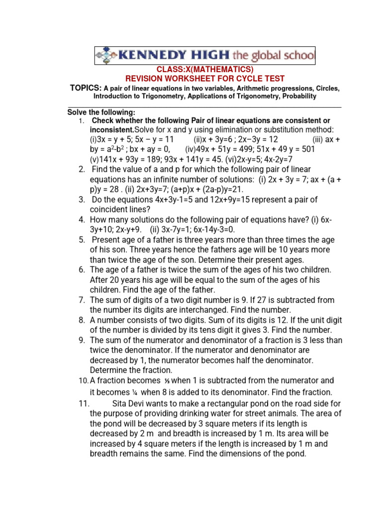Linear Equations Revision Worksheet | PDF | Circle | Equations