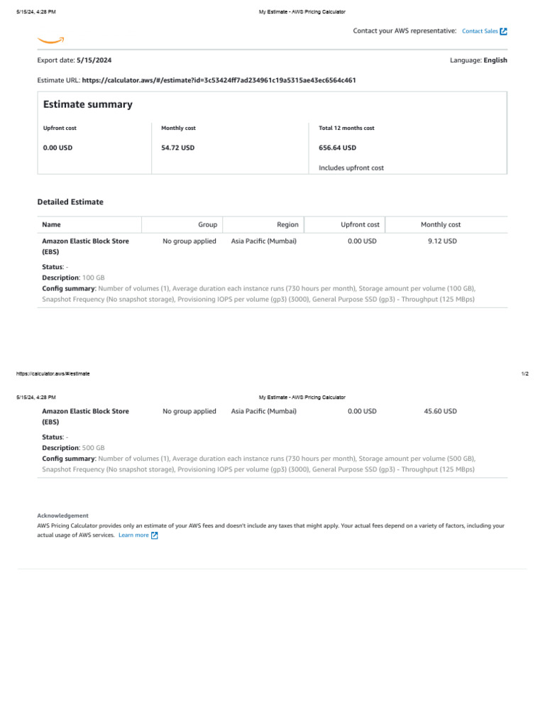 AWS Cost Estimate Summary | PDF | Amazon Web Services
