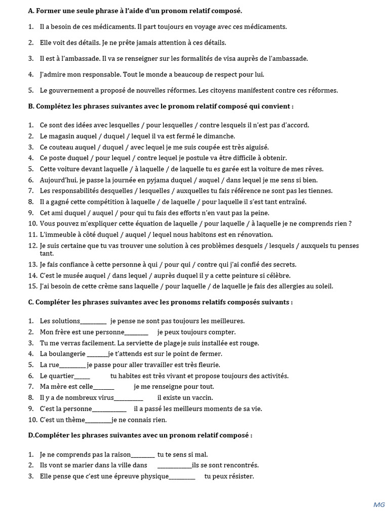 Exercices sur les pronoms relatifs composés | PDF | Arts du langage et ...