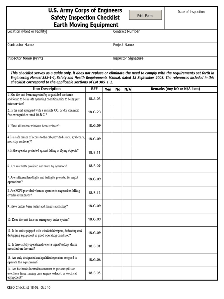 Earth Moving Equipment Safety Checklist | PDF | Motor Vehicle | Vehicles