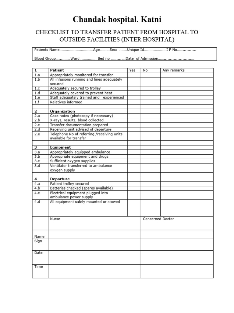 Interhospital Patient Transfer Checklist | PDF | Science & Mathematics
