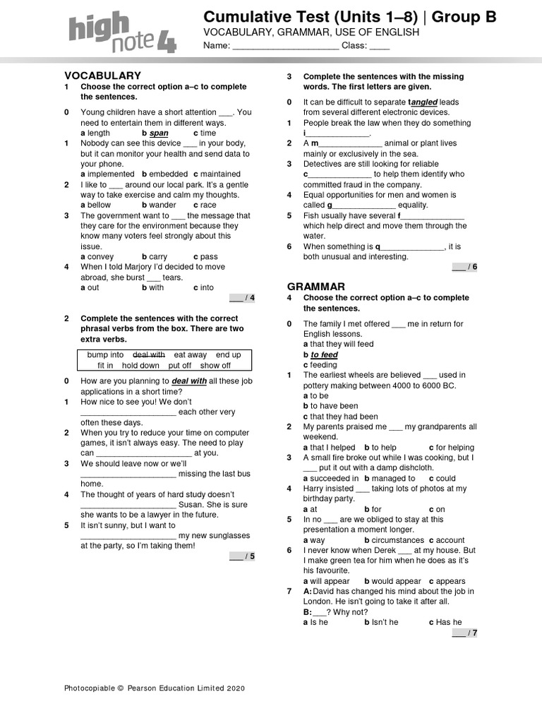 Cumulative Test Vocabulary & Grammar PDF