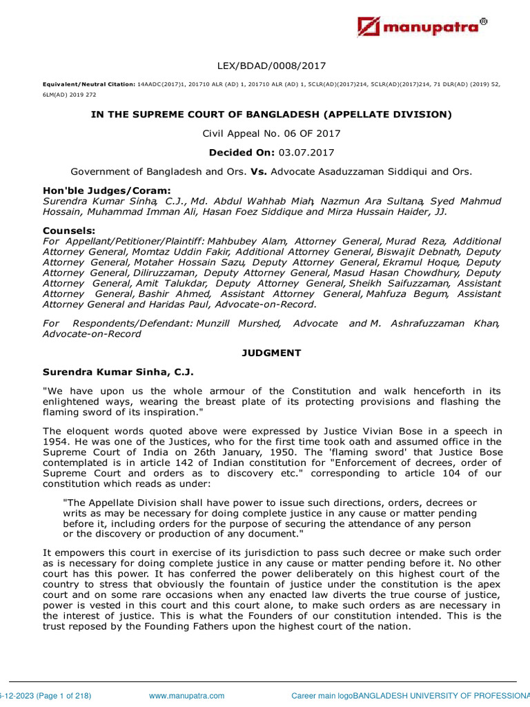 Bangladesh Supreme Court Ruling 2017 | PDF | Fifteenth Amendment To The ...