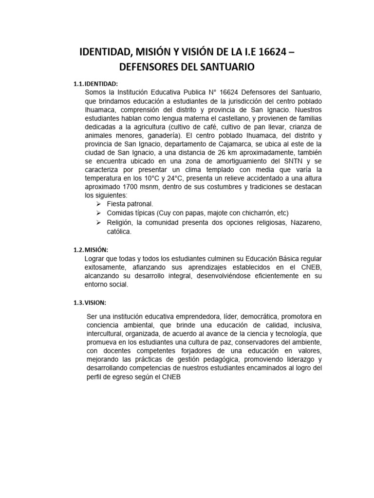 Identidad y Misión de I.E. 16624 | PDF | Ciencias sociales | Religión y ...