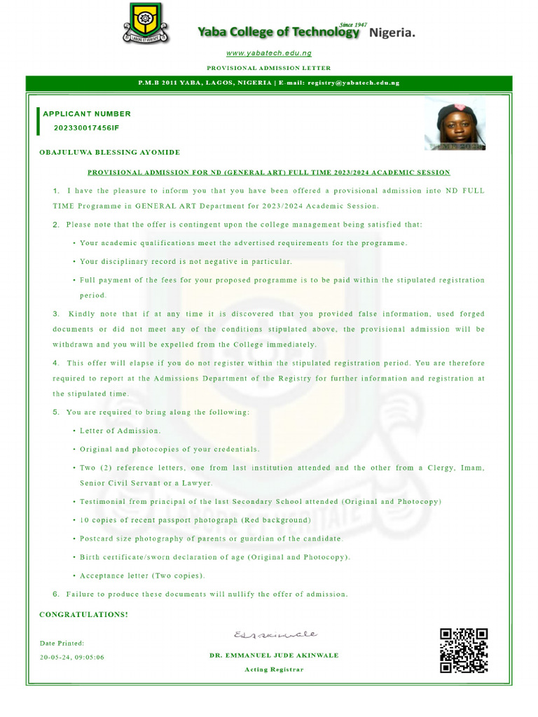 YABATECH ADMISSION LETTER FOR Obajuluwa | PDF