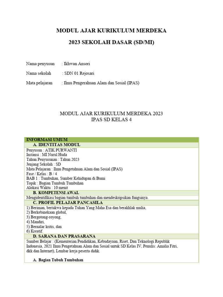 Modul Ajar IPAS Kelas 4 SD 2023 | PDF | Sains & Matematika
