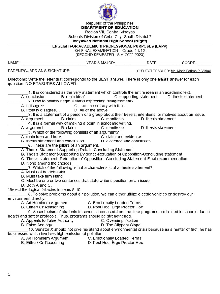 EAPP Grade 11 Final Exam Guide | PDF | Chart | Argument