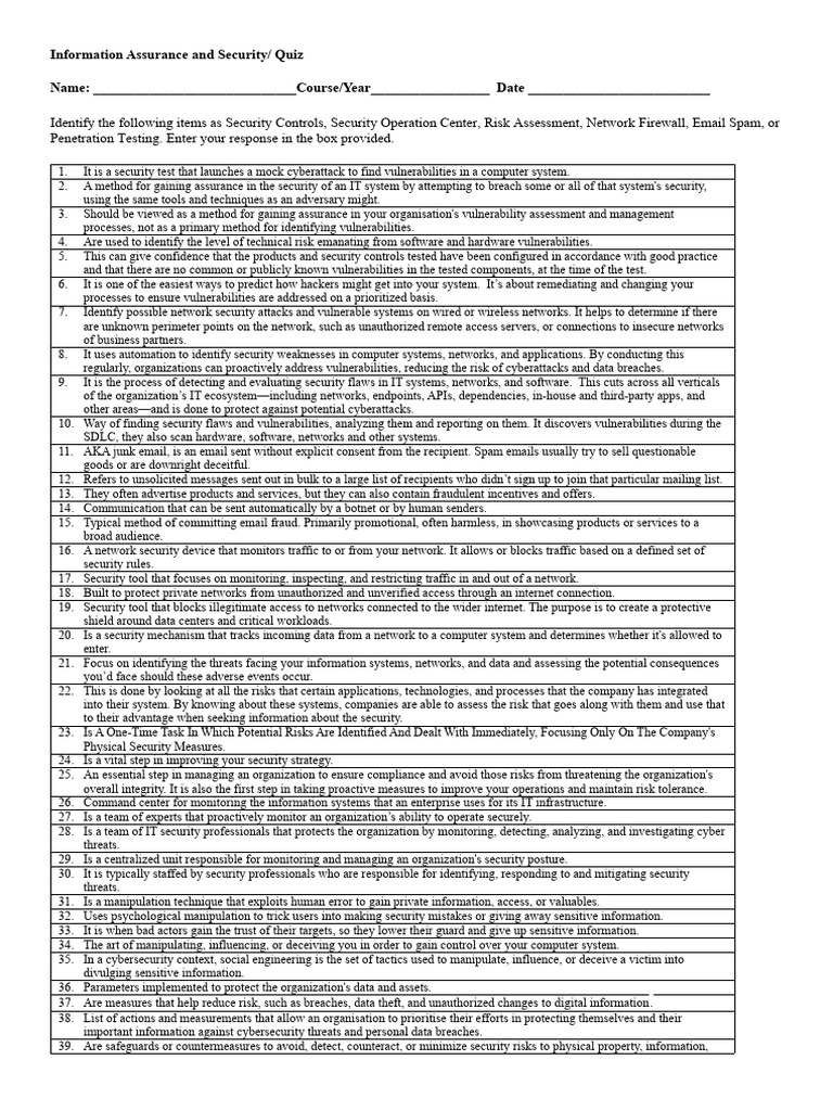 Information Assurance and Security - Quiz | PDF | Security | Computer ...