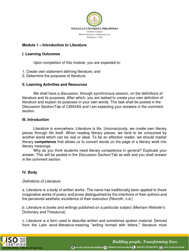 Module 1 Intro To Lit Pdf Liberal Arts Education