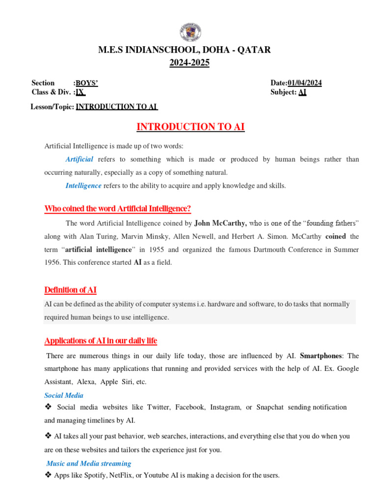 Ai class 9 notes pdf artificial intelligence intelligence ai