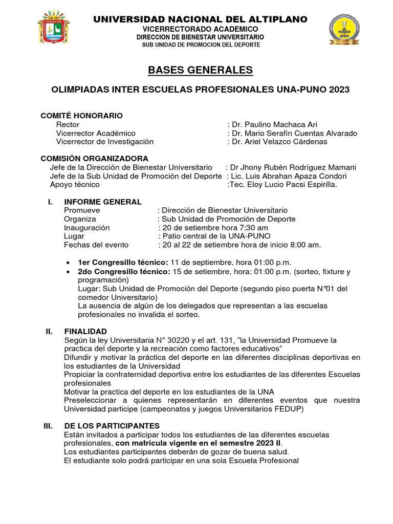 Bases Generales Olimpiadas Una 2023 (Actual) PDF | PDF | Documento de ...