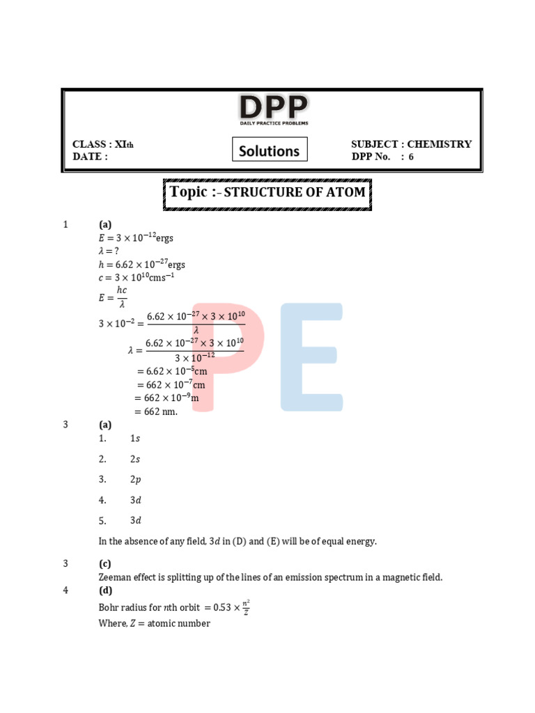 Chemistry DPP 6: Atomic Structure | PDF | Electron | Atomic Orbital